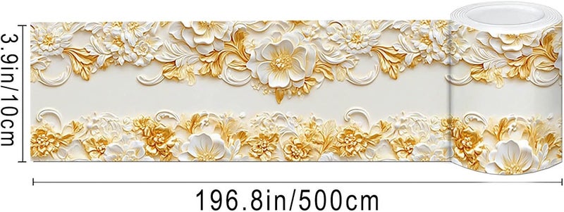 IVN Wallpaper Border Peel and Stick Decorative Wall Trim Self Adhesive Gold Floral Accent Strip for Bathroom Laundry Room Pool Area Mirror Frame Shelf Wall Edge 4x196 Inch Luxurious Design - Image 3